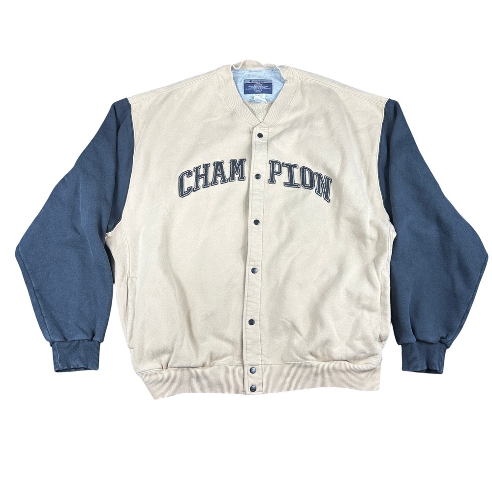 Vintage Champion Varsity Jacket XXL Cream Navy Blue Embroidered Y2K Bomber Sport